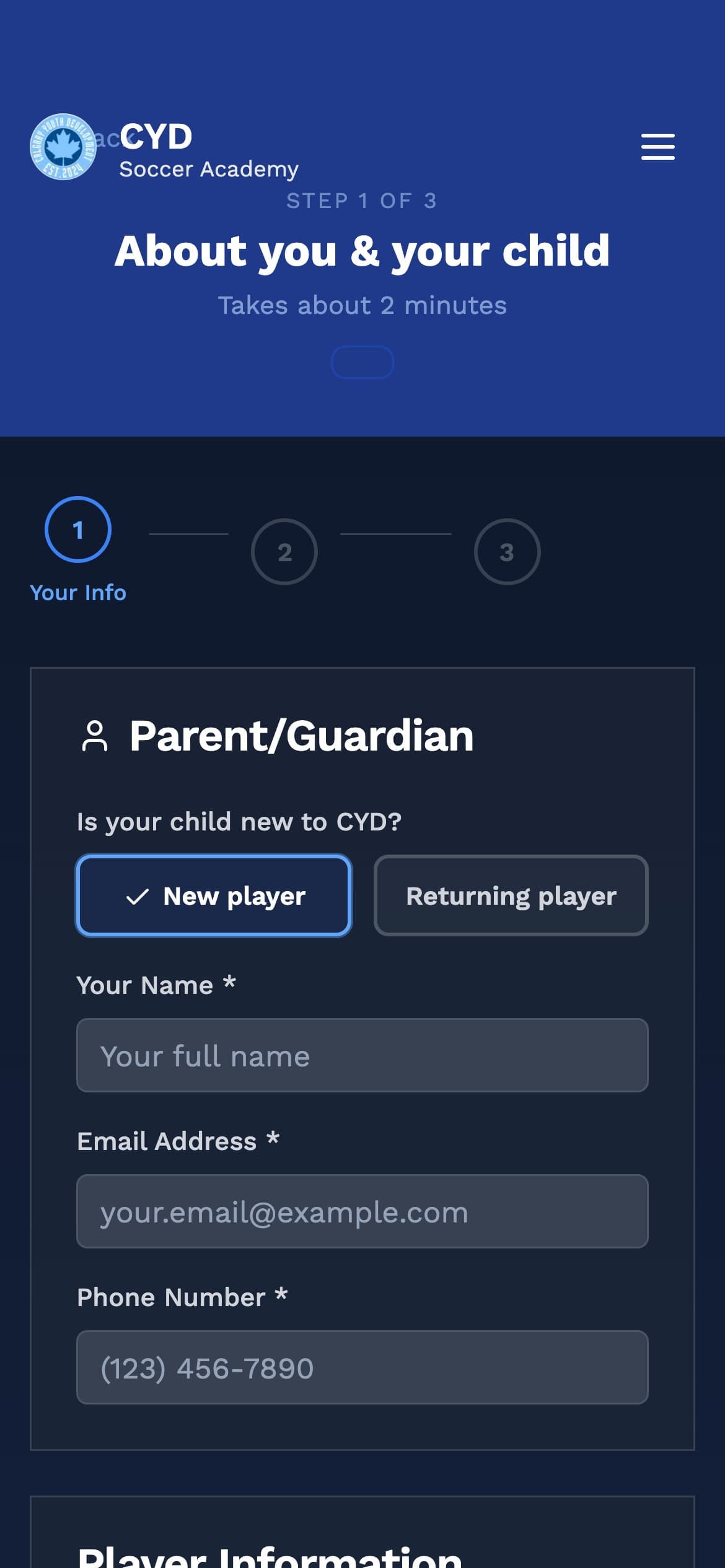 Step one of the CYD registration flow on a phone: parent details and whether the child is new or returning.
