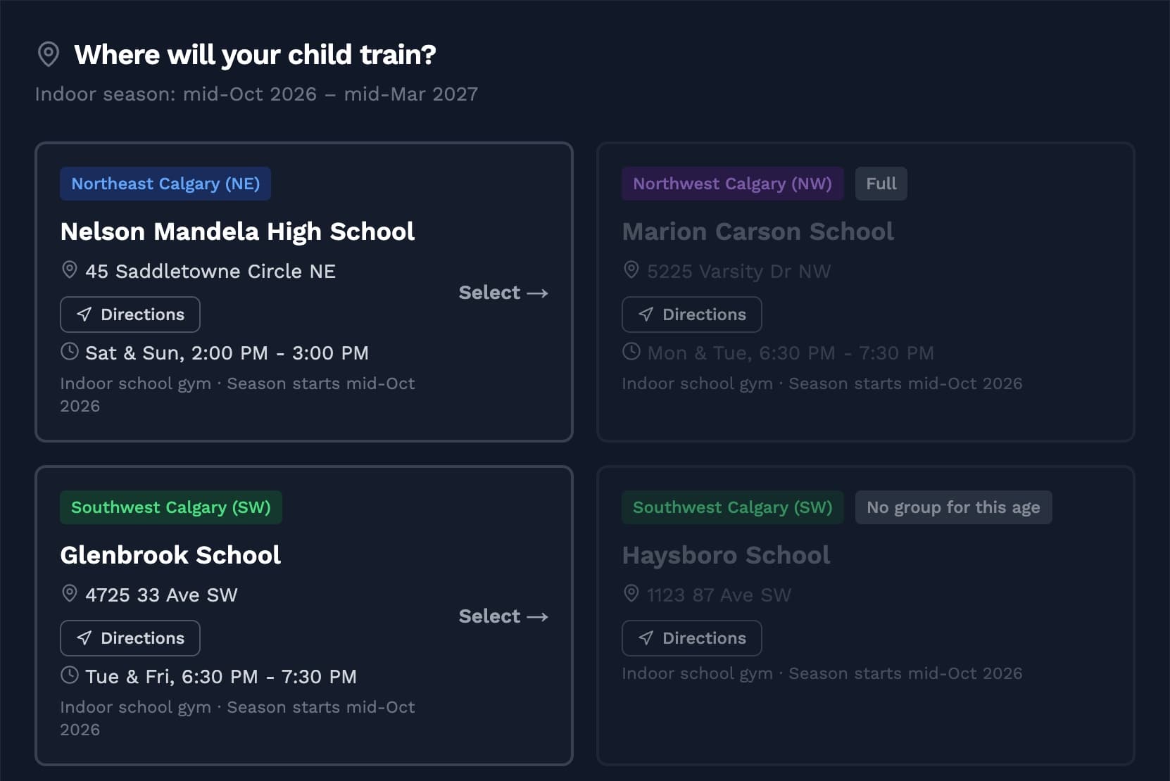 The CYD venue picker: venues are filtered by the child's age, so a full group and a venue with no group for that age are shown but can't be picked.